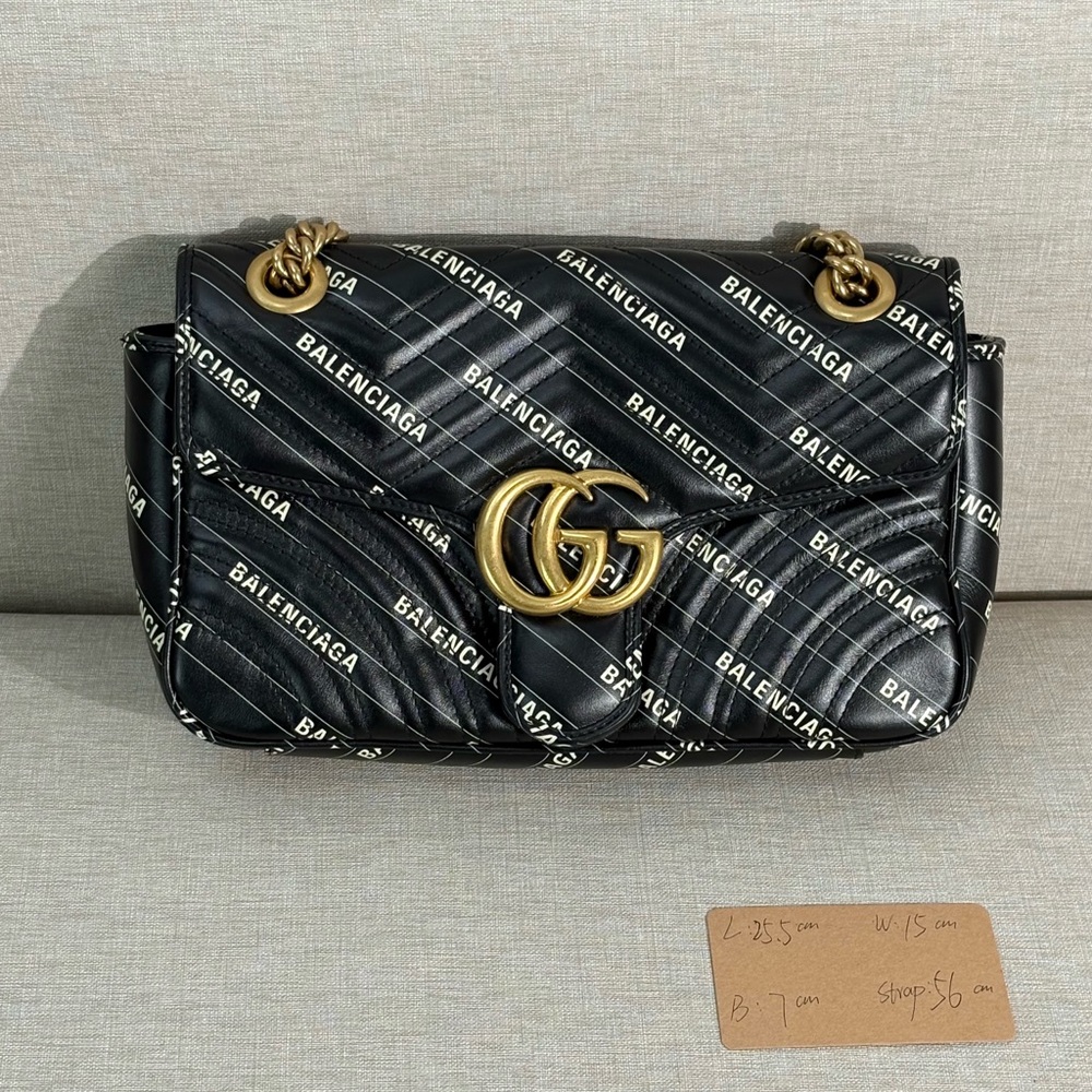 GUCCI Black Leather GG Marmont Shoulder Bag with Balenciaga Print Medium GHW - Picture 15 of 17
